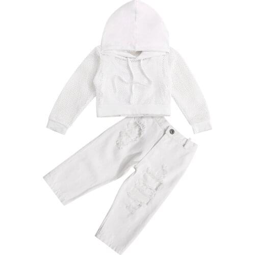 Girl Solid Color Clothes Set Long Sleeve Hollow Out Hooded Coat+Sleeveless O-neck Vest+Ripped Trousers