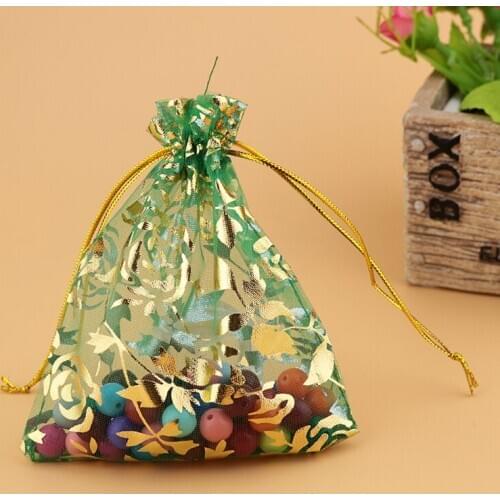 Wholesale 100pcs High Quality 11x16cm Rose Print Organza Bag Green Color Wedding Gift Candy Bags Jewelry Package Pouch