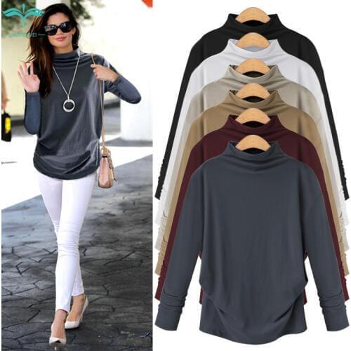OUMOWEI Womens T-Shirt 2018 Fashion New T-Shirt Large Size Loose Shirt Wild Half-High Collar Bottoming Shirt S-6XL Size