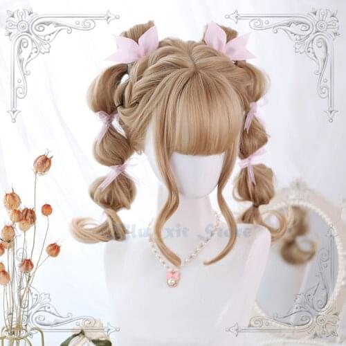 Linen Golden Blonde Lolita Wig Harajuku Fairy Curly Body Wave Cosplay Bangs Long Sweet Fringe Adult Girls Synthetic Hair