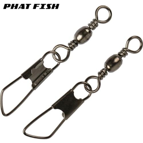 PHAT FISH 50pcs Brass Barrel Swivel with Stainless Steel Safety Snaps Freshwater Saltwater Salmon Bass Fishing Accessories