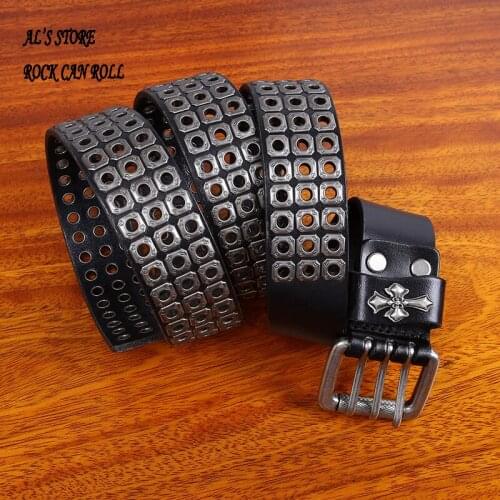 ALB1148 Genuine Cowhide Leather Handmade Durable Alloy Buckle Biker Belt