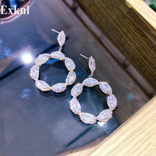 Exknl Round Geometric Zircon Crystal Drop Earrings for Women Gold Circle Dangle Earrings Big Statement Earrings Party Jewelry