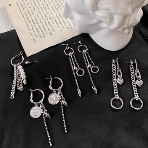 Disco dancing eardrop personality cold wind love asymmetric chain pendant earrings silver needle circle stud earrings