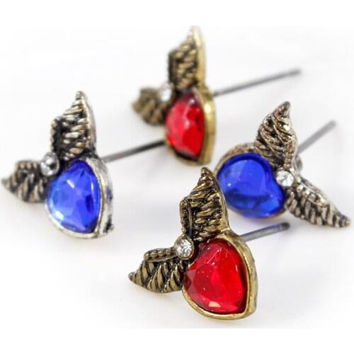 2 Pairs/lot Fashion Korean Cute Heart Stud Earrings for Women Girls Red Blue Crystal Angle Wing Earrings Jewelry Accessories