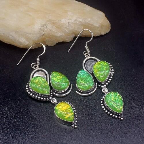 Gemstonefactory Big Promotion Unique 925 Silver Green Dichroic Glass Women Ladies Gifts Dangle Drop Earrings 20211824