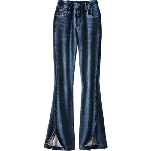 SHUCHAN Fashion Flare Pants with Split Distressed Jeans 86.4% COTTON Full Length HIGH Waist Zipper Skinny Vintage Streetwear