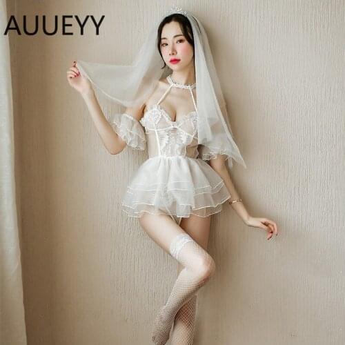 Sexy Lace Wedding Dresses Sexy see-through outfit with veil White Princess Bride Wedding Night flirting costume cosplay lingerie