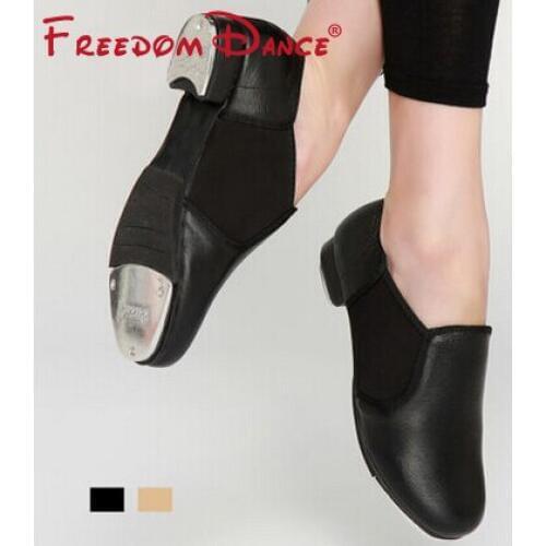 Childrens Tap Dance Shoes Elastic Band Genuine Leather Slip on Black Clogging Tap Dancing Shoes for Boys Teenagers