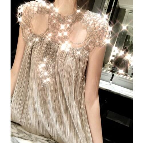 Vintage Heavy Crystal Beaded Shawl Pleated Dress Banquet Party Evening Glossy Dress Sleeveless A-Line Bodycon Dress Vestidos