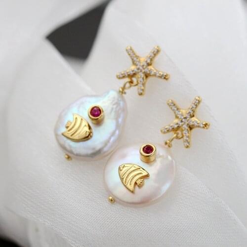 Handmade Creative Female Trendy Natural Baroque Freshwater Pearl Little Starfish 925 Sterling Silver Earring Fine Jewelry Gift