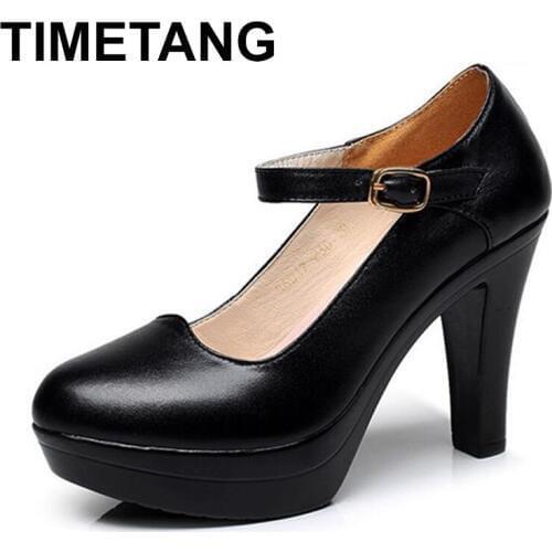 TIMETANGFashion Women Platform Pumps 2019 Ankle Boots Buckle Genuine Leather Shoes Woman High Heels Office Work Shoe BlackE1258