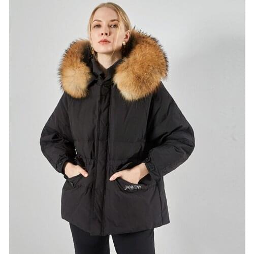 2021 Winter New 90% White Duck Down Jacket Women Hooded Huge Real Fur Collar Thickened Waist To Keep Warm Short Puffer Coat