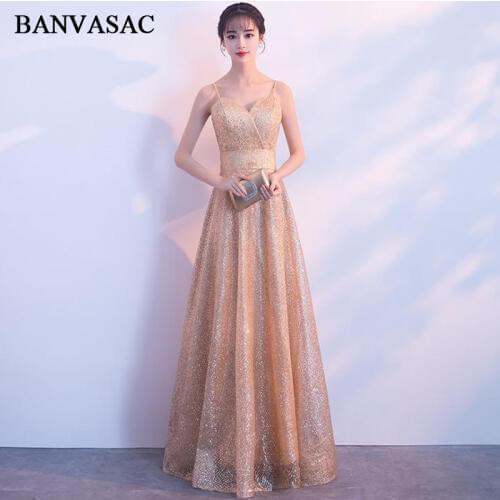 BANVASAC Sequined Sweetheart Lace A Line Long Evening Dresses Sexy Spaghetti Strap Sash Backless Party Prom Gowns