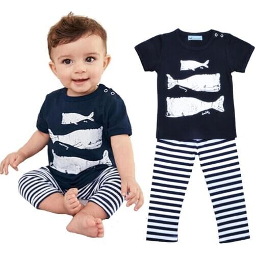 2020 Boy Girls Clothing Set Whale Short Sleeve Cotton T-Shirt+Striped Pants 2PCS Suits Fashion Hotsale Baby Boys Clothes Sets
