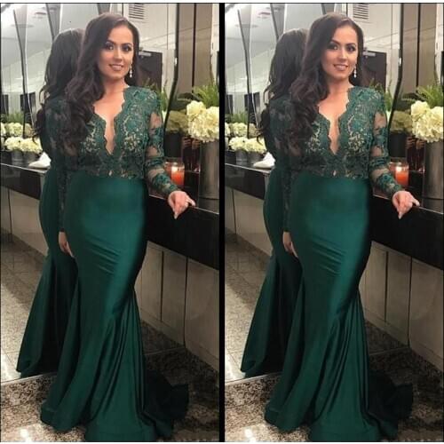 2020 Dark Green Illusion Long Sleeves Evening Dresses With Deep V Neck Lace Mermaid Prom Dress Long Party Gowns evening dress