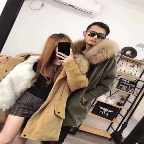 5 colors 2020 new long fur coat parka Winter jacket women Corduroy Big real raccoon fur collar warm natural fox fur liner