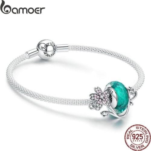 BAMOER Authentic 925 Sterling Silver Daisy Flower Green Glass Beads Strand Charms Bracelets for Women 925 Silver Jewelry SCB822