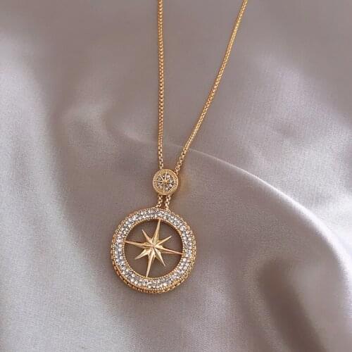 TIMEONLY delicate shiny rhinestones star pendant necklaces for women gold color metal hollow circle sweater necklace accessories