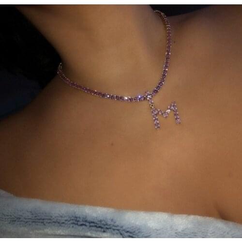 Gold Pink cz 26 Initial pendant letter name Alphabet pink tennis chain necklace Rock HIP HOP PINKY WOMEN JEWELRY