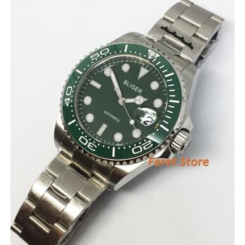 43mm Bliger Sterile Mens Watch Stainless strap Sapphire Glass Black Dial Ceramic Bezel 24 Jewels Japan NH35 Automatic Watch