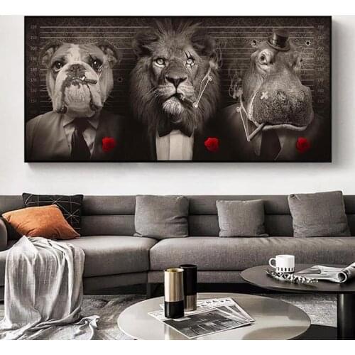 Black Wild Lion in a Suit Canvas Art Posters And Prints Abstract Lion Smoking a Cigar Canvas Paintings On the Wall Art Pictures