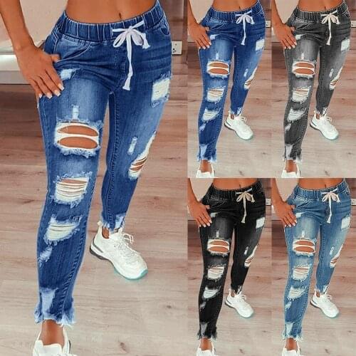 Hot Sale Drawstring Denim Jeans for Women Stretch Ripped Broken Holes Jeans Ladies Plus Size Full Length Pencil Pants Vaqueros
