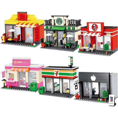 City Retail Store dickens ville shop Miniature Building Block road corner Cafe 3D Model Leduo brand tiendas toy Mini street