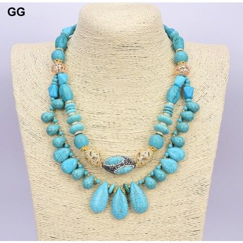 GuaiGuai Jewelry 18'' 2 Rows Multi Shape Blue Turquoises CZ Necklace For Women