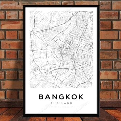 Thailand Map Poster Bangkok Cities Map Print Abstract Canvas Paintings Black and White Wall Art Picture Modern Home Decoration