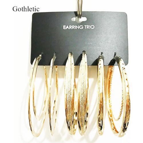 Gothletic Hoop Earrings Set 70MM Gold/Rhodium Color Textured Metal Round Circle Earrings for Women Brincos Fashion Jewelry
