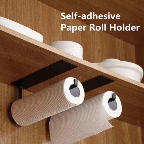 Kitchen Roll Paper Holder Bathroom Accessories Self Adhesive Towel Storage Rack Cupboard Wall Mount Rag Cling Film Tissue Stand