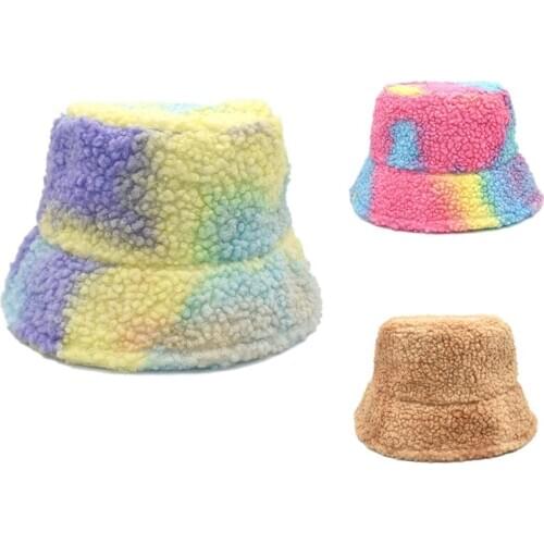 Fashion Tie-Dye Outdoor Multicolor Rainbow Lamb Wool Letter Pattern Bucket Hat Women Winter Soft Warm Hat