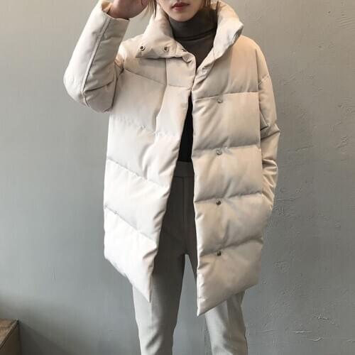 Fashion ladies solid medium long warm winter down jacket women causal covered button stand collar oversize chic coat parka
