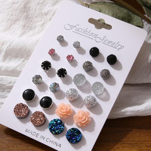 Fashion Crystal Resin Acrylic Mix Stud Earrings Set 2019 Female Korean Girl Round Flower Earrings Jewelry Gifts