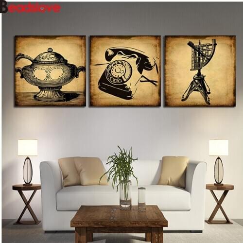 DIY Diamond Painting Vintage Telephone Radar Tea 3pcs 5D Cross Stitch square Full Diamond Embroidery rhinestones Diamond Mosaic