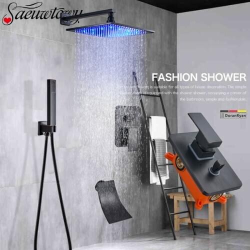 Wall Mount Black LED Shower Faucet Rainfall Faucet Set Bathtub Faucet Hot And Cold Mixer Crane Concealed Installation Shower Set