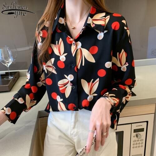 Autumn 2021 New Korean Loose Chiffon Blouse Long Sleeve Top Female Retro Hong Kong Style Printed Womens Shirt Camisa 11000