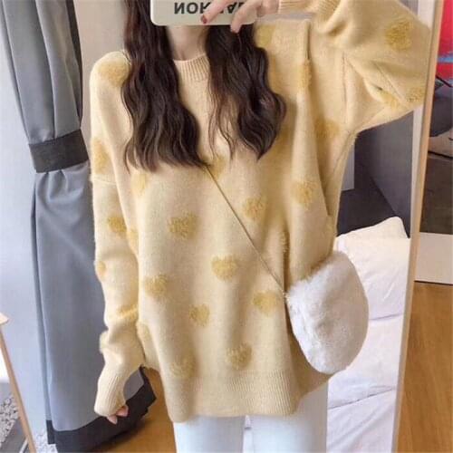Korobov 2021 Autumn Winter Love Sweaters Korean Sweet O Neck Long Sleeve Japanese Pullovers Vintage Oversize Sweater