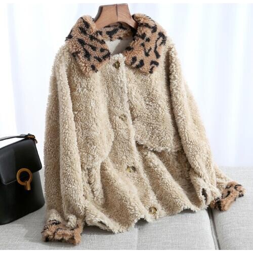 Autumn Winter Coat Women Sheep Shearling Real Fur Coat Female 100% Wool Coats Korean Leopard Jacket Manteau Femme MY4383