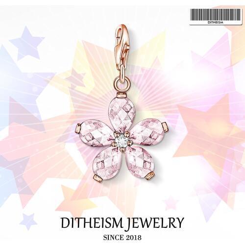 Pink Flower Charms Pendant,2018 Fashion Jewelry 925 Sterling Silver Romantic Gift For Women Girls Fit Bracelet Necklace Bag