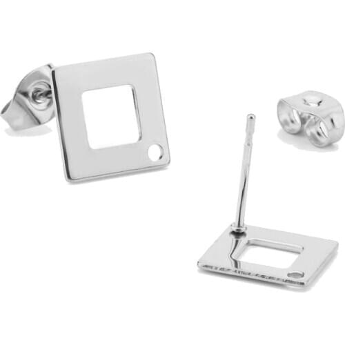 20pcs/lot Stainless Steel Jewelry Findings Hollow Square 10mm Stud Ear Post W Loop Unique Earring Making Components