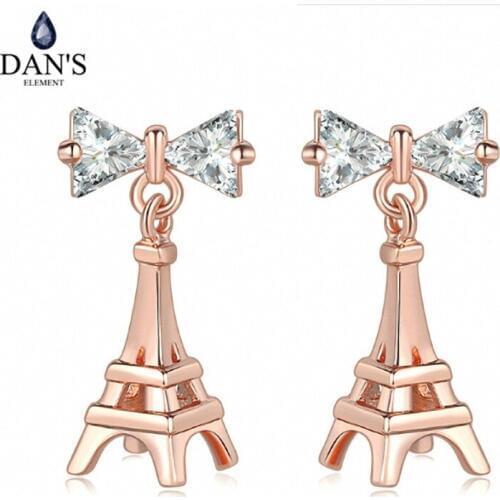 DANS ELEMENT Drop Earrings for Women Eiffel Tower Shape Unique Bowknot Crystal Gift Fashion Jewelry DEE003