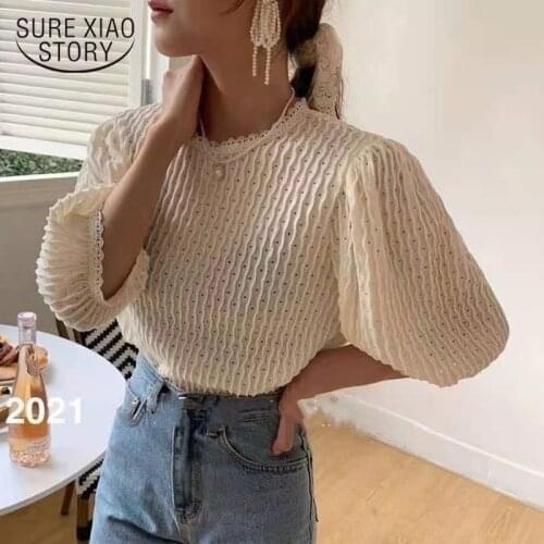 Spring New 2021 Korean Loose O-Neck Lace Edge Chiffon Blouse Wave Ripple Polka Dot Bubble Half-Sleeve Bottoming Tops White 13763