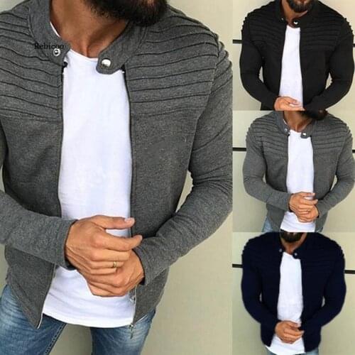 Sports Casual Men Jacket Mens Autumn Pleats Slim Stripe Fit Jacket Zipper Long Sleeve Coat Cardigan Coat