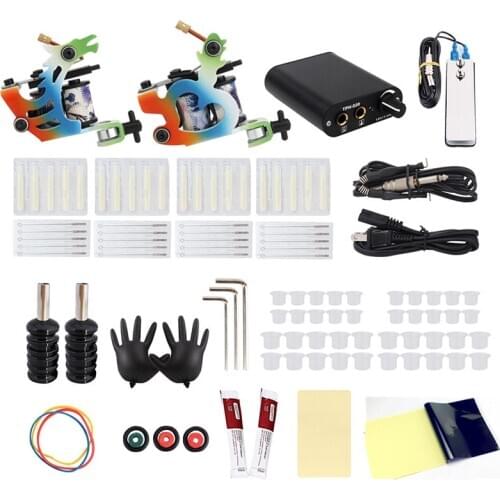Tattoo Machine Black Power Tattoo Beginner Grip Kit Permanent Makeup Coils Guns Repair Cream Gloves Practice Skin Tattoo Sets