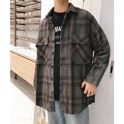 Spring Retro Woolen Plaid Long-sleeved Shirt Male Loose Korean Harajuku Style Casual Couple Tide Brand Shirt Jacket Men Shirt