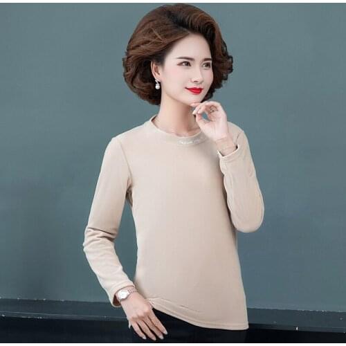 Letter Embroidery Women Fleece T-shirt Warm Soft Thick Tee Top Spring Autumn Basic Clothes Female Winter Full Sleeve Pullover