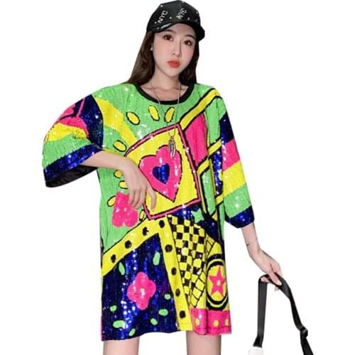 QING MO Fashion Tide Women Geometric T Shirt 2021 Women Colorful Sequin T Shirt Female Half Sleeve Loose T Shirt ZQY6984