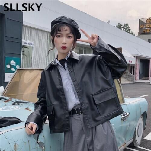 Sllsky New Big Black Pocket Patched PU Leather Jacket 2019 Fashion Long Sleeve Cropped Jacket Women Streetwear Short Overcoat